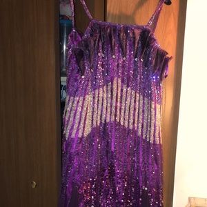 Sparkly silver and purple dress.